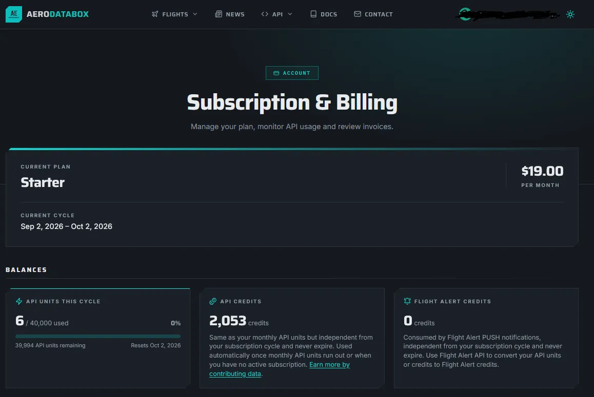 AeroDataBox Account: Subscriptions