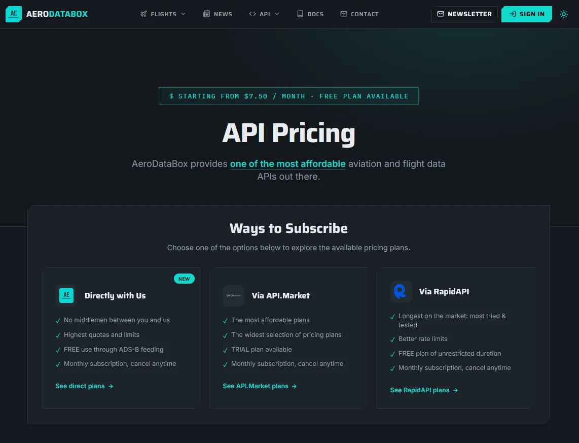 AeroDataBox API Pricing page