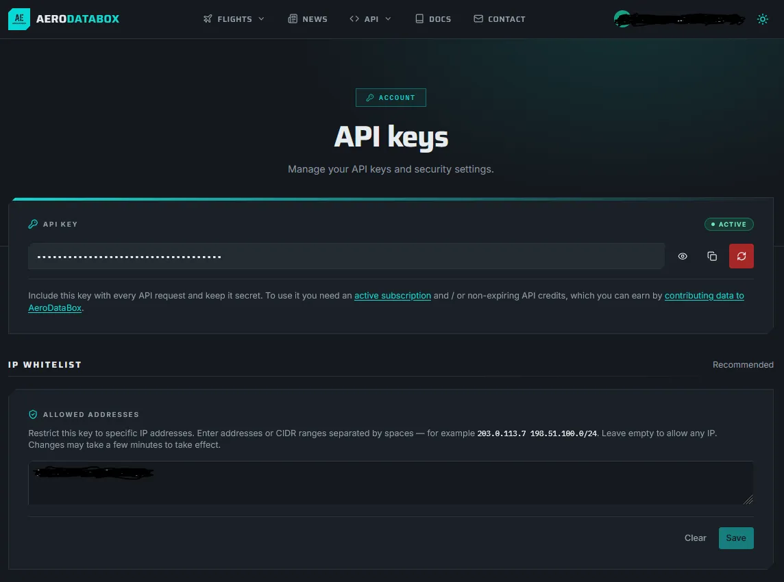 AeroDataBox Account: API key whitelisting