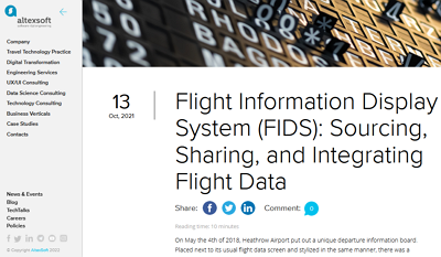 Flight Information Display System (FIDS)
Sourcing, Sharing, and Integrating Flight Data
By altexsoft on October 13, 2021